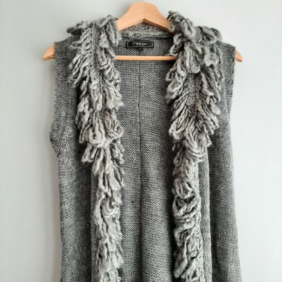 MINKAS Loop Fringe Collar Open Front Knit Vest Cardigan Sz M - Picture 3 of 10